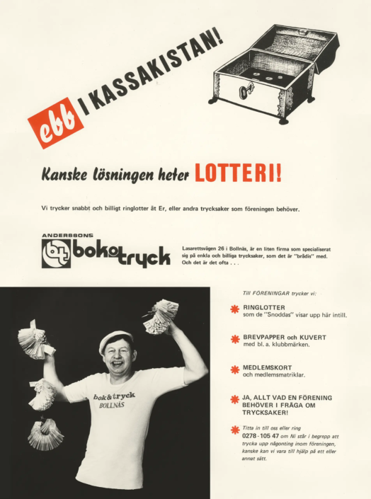 1970-tal. Utskick som gjordes med hjälp av Bollnäs-legenden Gösta "Snoddas" Nordgren för att sälja ringlotter till föreningar.